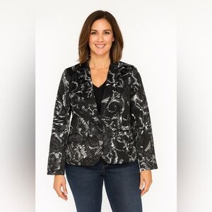 Vintage Chico's Silver Black paisley abstract silk blend lined blazer size 0 S 4